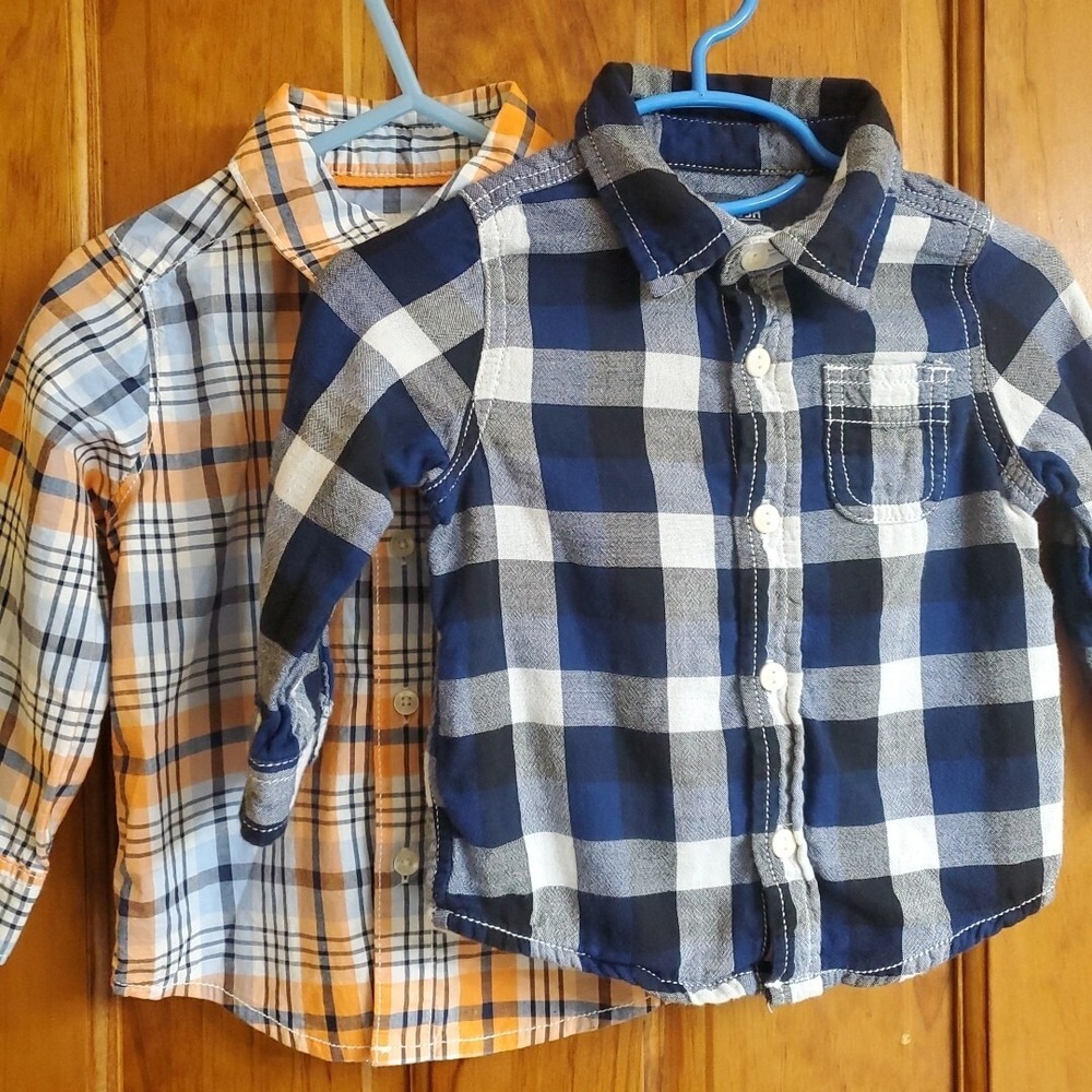 Carter's 18M Button Down Shirt Bundle Toddler Boy Orange Navy Blue Plaid Check